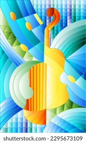 Illustration in stained glass style on the subject of music , the shape of an abstract violin on geometric background