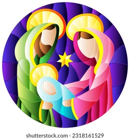 Illustration in stained glass style on biblical theme, Jesus baby with Mary and Joseph, abstract figures on blue background, round image