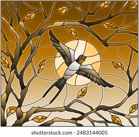 Ilustración en estilo vitral sobre el tema de la primavera, la golondrina volando sobre el fondo del cielo soleado a través de la luz de las ramas de un árbol, tono marrón