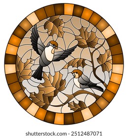 Illustration in stained glass style on the theme of autumn, two birds in the sky and maple leaves, tone brown