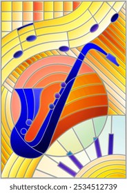 Illustration in stained glass style on the subject of music , the shape of an abstract blue saxophone on orange geometric background