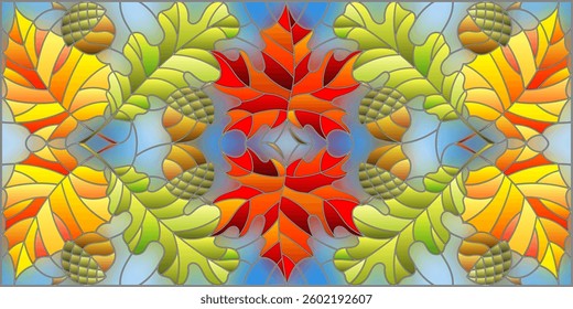 Illustration in stained glass style on the theme of autumn, leaves, oak, maple , aspen and acorns on a blue background,horizontal orientation