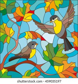 Illustration in stained glass style on the theme of autumn, two Tits in the sky and maple leaves