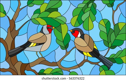 Illustration in stained glass style on the theme of summer, two goldfinches in the sky and oak  leaves