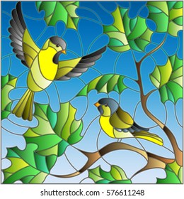 Illustration in stained glass style on the theme of summer, two siskin in the sky and maple leaves