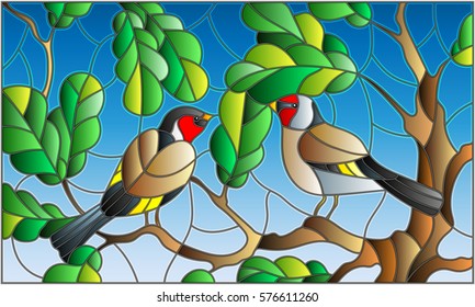 Illustration in stained glass style on the theme of summer, two goldfinches in the sky and oak  leaves