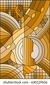 Illustration in stained glass style on the subject of music , the shape of an abstract violin on geometric background, brown tone , sepia