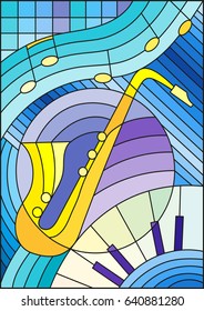 Illustration in stained glass style on the subject of music , the shape of an abstract saxophone on geometric background