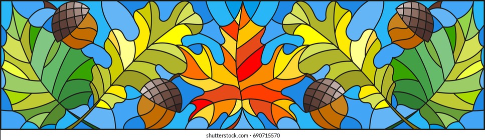 Illustration in stained glass style on the theme of autumn, leaves, oak, maple , aspen and acorns on a blue background,horizontal orientation