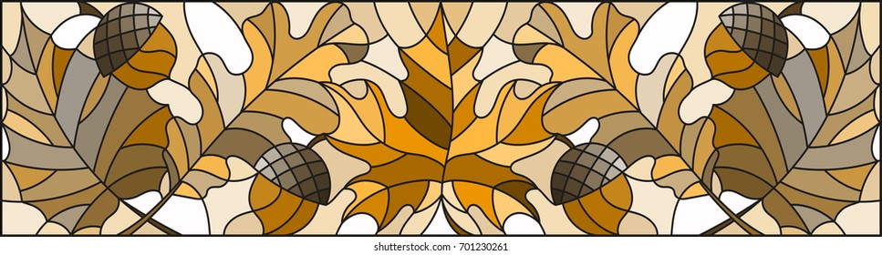 Illustration in stained glass style on the theme of autumn, leaves, oak, maple , aspen and acorns  ,horizontal orientation, brown tone,sepia