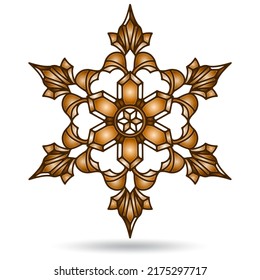 Illustration in the stained glass style with an openwork snowflake, isolated on a white background, tone brown
