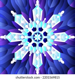 Illustration in stained glass style with an openwork snowflake on a blue background, square image 