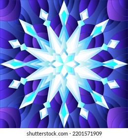 Ilustración en un estilo de vidrio manchado con un copo de nieve a cielo abierto sobre un fondo azul, imagen cuadrada