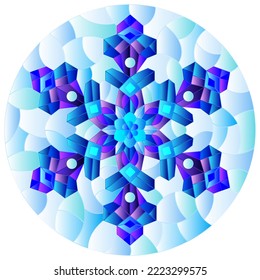 Illustration im Buntglasstil mit einer offenen Schneeflocke auf blauem Hintergrund, rundes Bild 