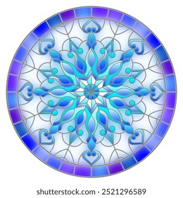 Illustration in stained glass style with an openwork snowflake on a blue background,round image in a bright frame