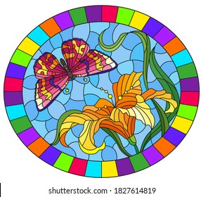 Illustration in stained glass style with a orange Lily flower and a bright pink  butterfly on a blue sky background, ovql image in a bright frame