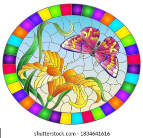 Illustration in stained glass style with a orange Lily flower and a bright pink  butterfly on a blue sky background, ovql image in a bright frame