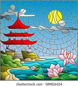 Illustration in stained glass style with Oriental landscape, the Eastern Church with the red roof against the cloudy sky and sun, a river with blossoming Lotus flowers in the foreground