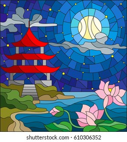 Illustration in stained glass style with Oriental landscape, the Eastern Church with the red roof against the cloudy sky and sun, a river with blossoming Lotus flowers in the foreground