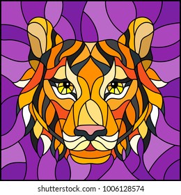 The illustration in stained glass style painting with a tiger head on a purple background , square image