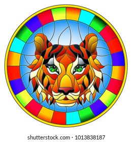 The illustration in stained glass style painting with a tiger's head , a circular image with bright frame