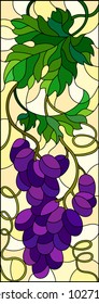 The illustration in stained glass style painting with a bunch of red grapes and leaves on a yellow  background,vertical image