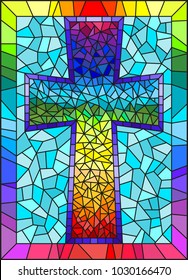 The illustration in stained glass style painting on religious themes, stained glass window in the shape of a rainbow Christian cross , on a blue background with rainbow frame