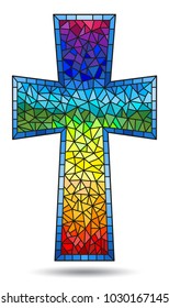 The illustration in stained glass style painting on religious themes, stained glass window in the shape of a rainbow Christian cross , isolated on white background