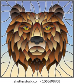The illustration in stained glass style painting with a bear's head , on sky background, square image
