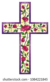 The illustration in stained glass style painting on religious themes, stained glass window in the shape of a Christian cross decorated with pink roses isolated on white background