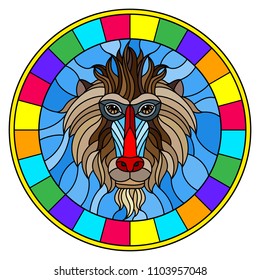 The illustration in stained glass style painting with a monkey's head , a circular image with bright frame