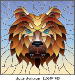 The illustration in stained glass style painting with a bear's head , on sky  background, square image