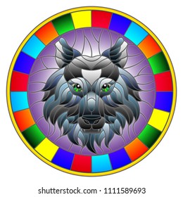 The illustration in stained glass style painting with a wolf head , a circular image with bright frame
