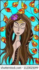 The illustration in stained glass style painting with a girl with brown hair and tree branches on background of blue sky