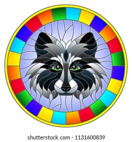 The illustration in stained glass style painting with a raccoon head , a circular image with bright frame