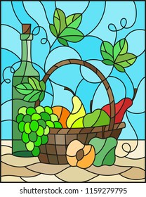 The illustration in stained glass style painting with a still life, a bottle of wine,  and fruits in the basket on a blue background