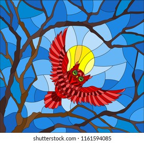 The illustration in stained glass style painting with the fabulous red owl in the day sky and sun in between the branches of the tree