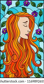 The illustration in stained glass style painting with a girl with red hair and tree branches with flowers on background of blue sky