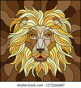 The illustration in stained glass style painting with a lion's head on a brown background , square image