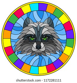 The illustration in stained glass style painting with a raccoon head , a circular image with bright frame