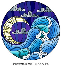 The illustration in stained glass style painting abstract landscape sea waves on the background of  sky and clouds with moon , round illustration