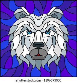 The illustration in stained glass style painting with a with polar bear head , on purple background, square image