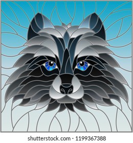 The illustration in stained glass style painting with a raccoon head , on sky background, square image