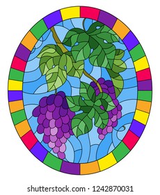 The illustration in stained glass style painting with a bunch of red grapes and leaves on a blue background, oval image in bright frame 