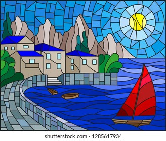 The illustration in stained glass style painting with a sailboat on the background of the Bay with city, sea and sun of the day sky