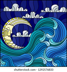 The illustration in stained glass style painting abstract landscape sea waves on the background of  sky and clouds with moon