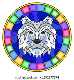 The illustration in stained glass style painting with a with polar bear head , on blue background, round image in bright frame