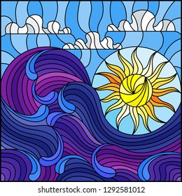 The illustration in stained glass style painting abstract landscape sea waves on the background of Sunny sky and clouds