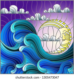 The illustration in stained glass style painting abstract landscape sea waves on the background of  sky and clouds with moon