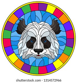 The illustration in stained glass style painting with a panda bear's head , a circular image with bright frame
